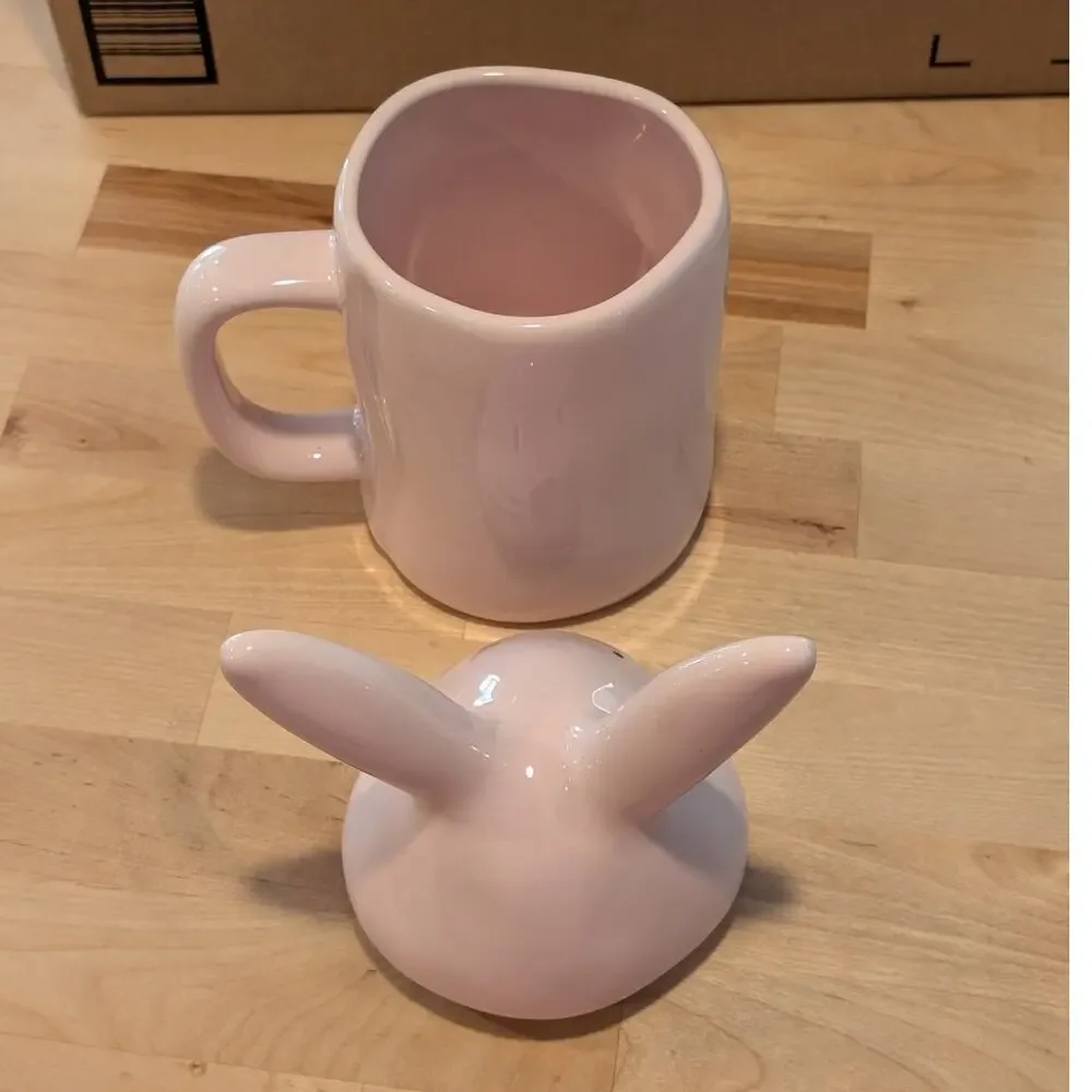 Rae Dunn Magenta Hunny Bunny Pastel Pink Ceramic Coffee Tea Mug Bunny Ears Lid